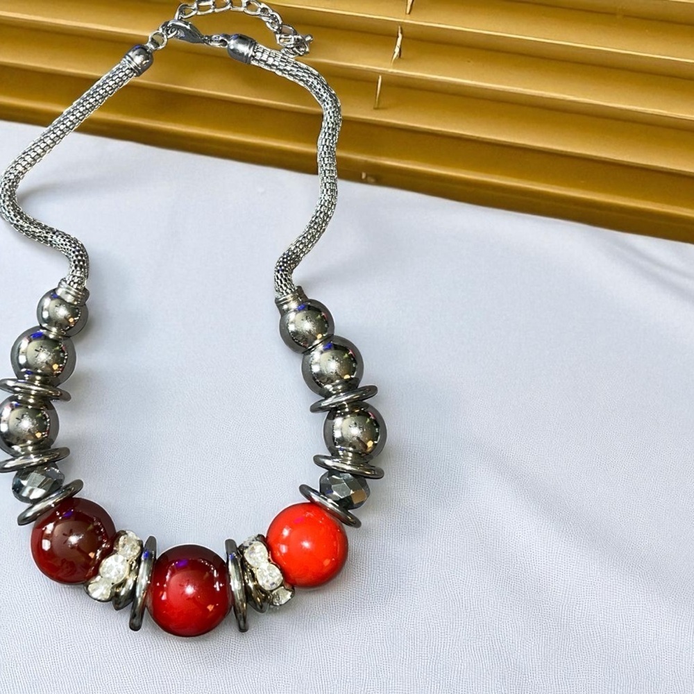 Costume Chunky Silver Tone and Red Beaded Necklace